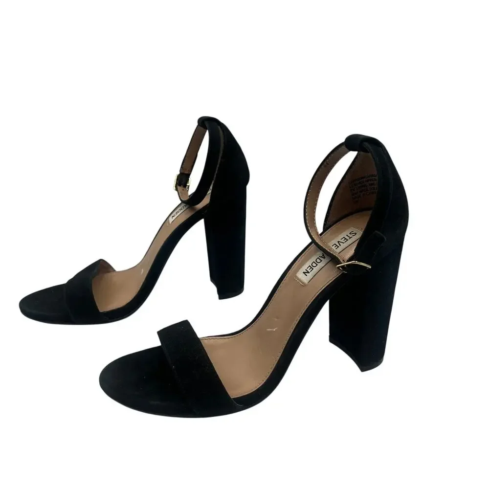 Steve Madden Block Heel Sandals Carrson Suede Ankle Strap Black Size 8M